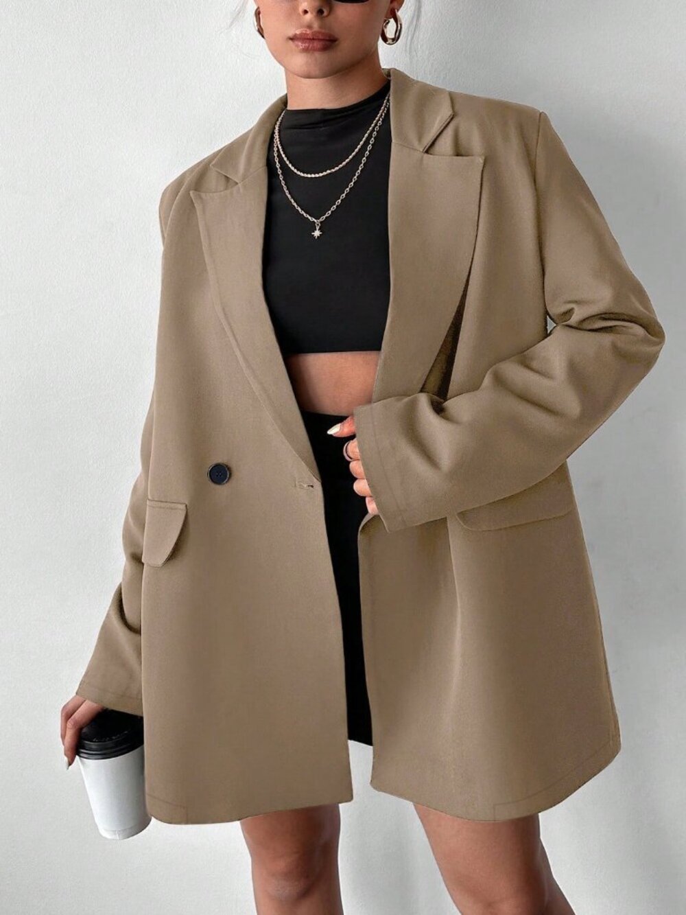 Mocha Brown Casual Women's Oversized Double-Breasted Blazer